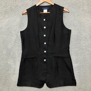 VTG Breeches Button Vest 100% Linen Women M Black Longline Preppy Old Money USA